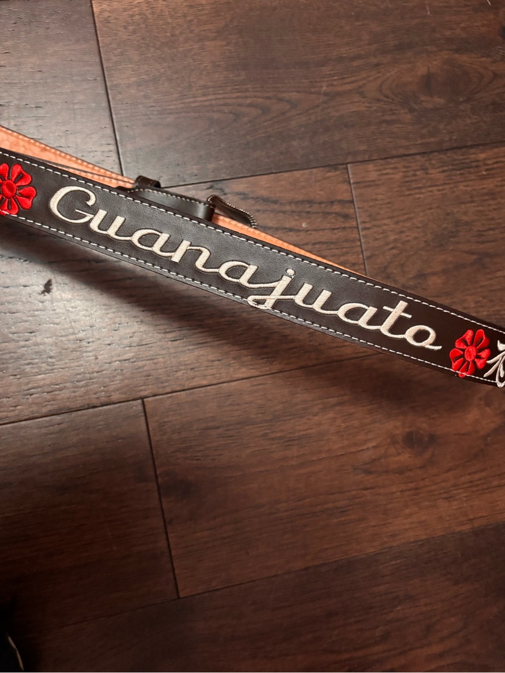 Brown Guanajuato Mex. Leather Belt Strap with Red Embroidered Flowers